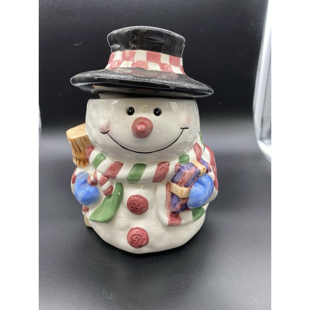 Vintage Snowman Ceramic Cookie Jar Holiday Christmas Decor Black Top Hat Scarf
